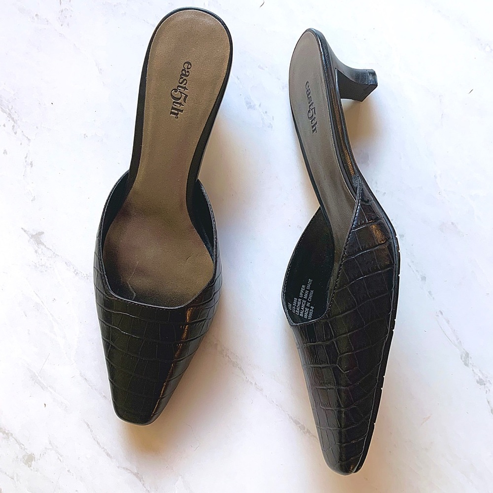 East 5th Black Croc Pointed Toe Sandal Heels